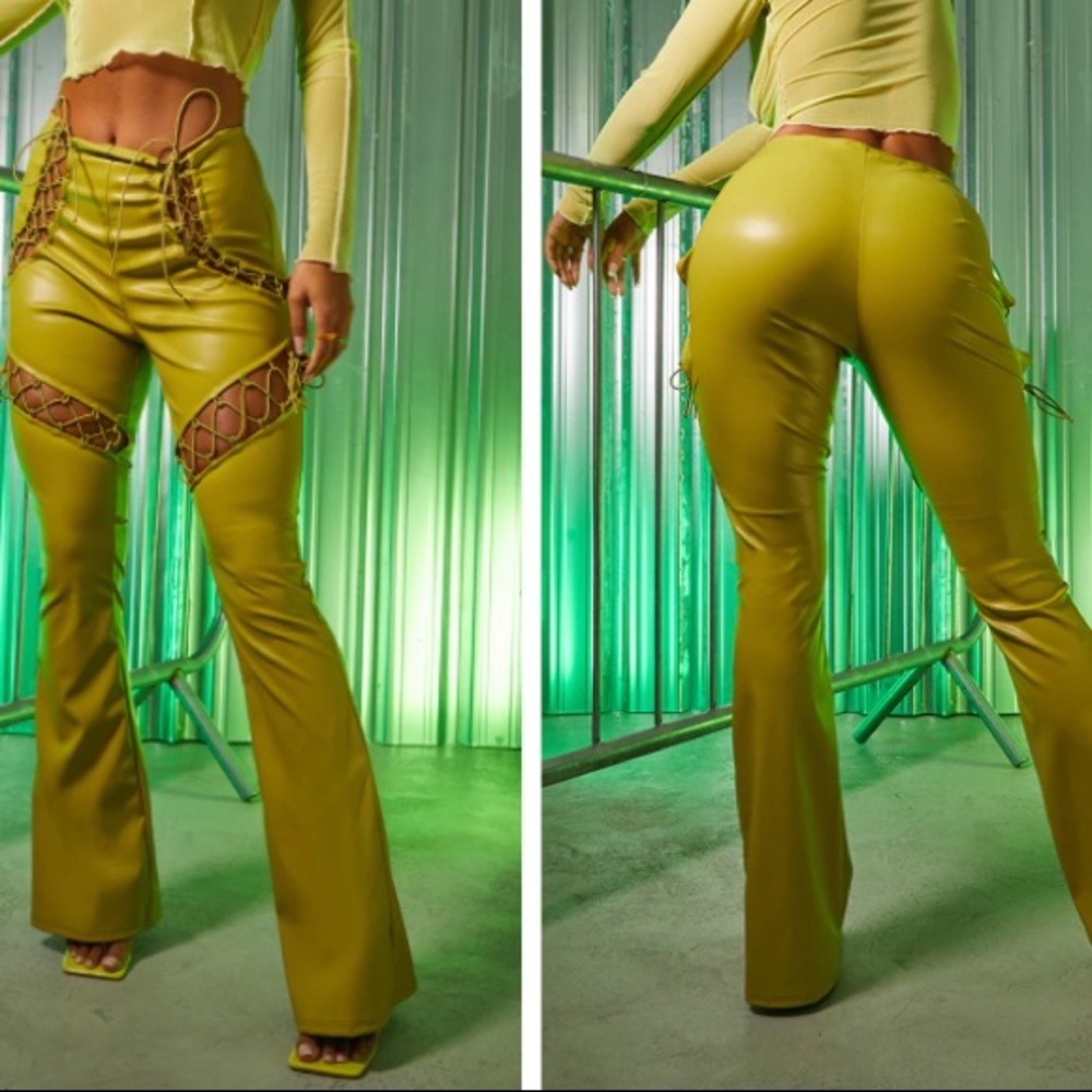 Lime Lace Up Faux Leather Pants